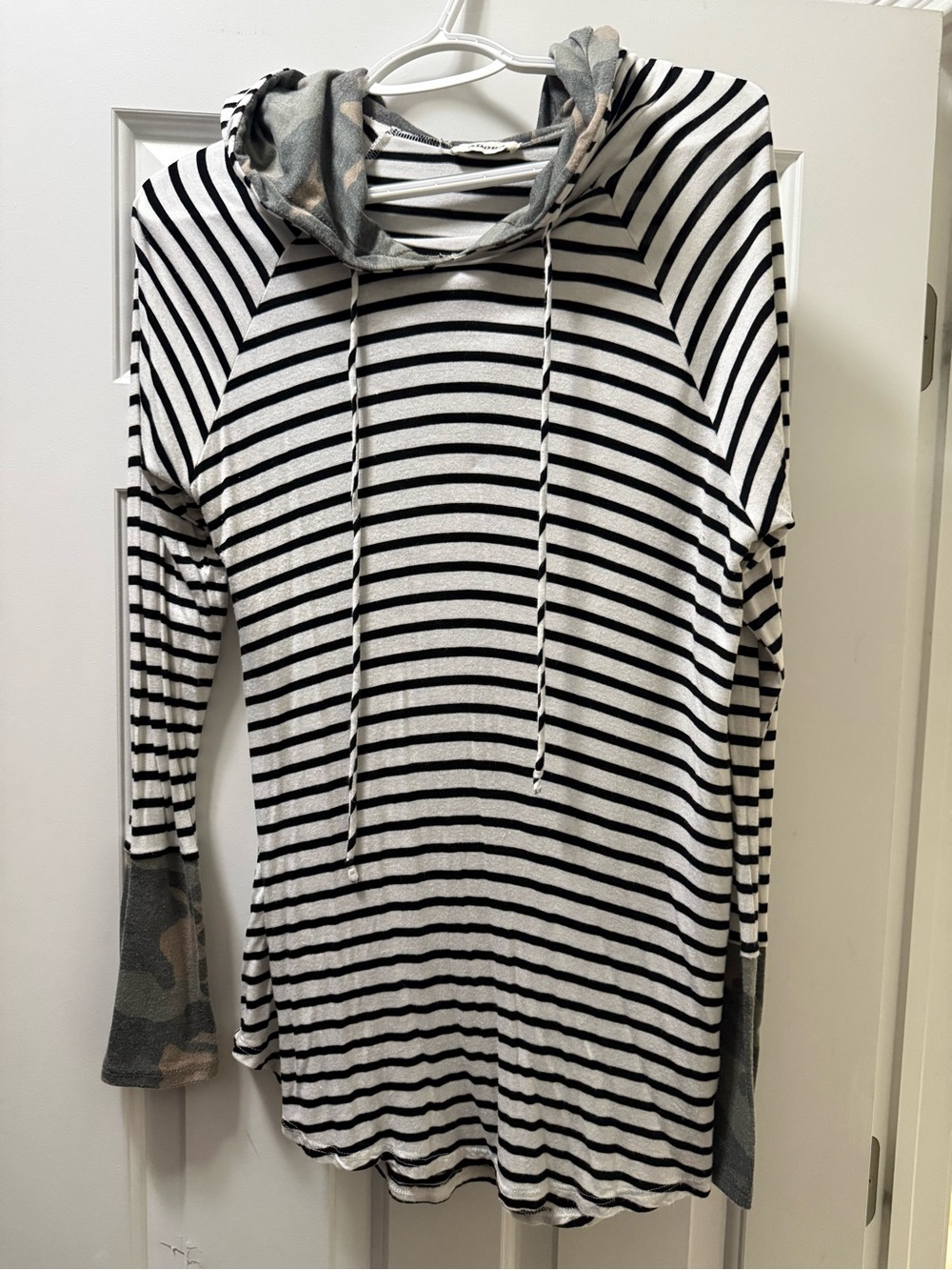ADORA Black & White Striped Hooded Long-Sleeve Top with Camo Trim